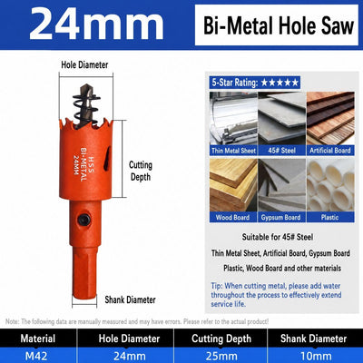 24mm Bi-Metal M42 High Speed Steel Hole Saw | with Pilot Drill Bit, Smooth Cutting Edge for PVC, Drywall, Wood, Plastic, Gypsum Board, Rubber, Thin Metal