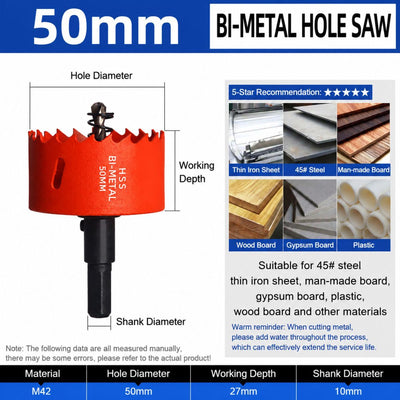 50mm Bi-Metal M42 High Speed Steel Hole Saw | with Pilot Drill Bit, Smooth Cutting Edge for PVC, Drywall, Wood, Plastic, Gypsum Board, Rubber, Thin Metal