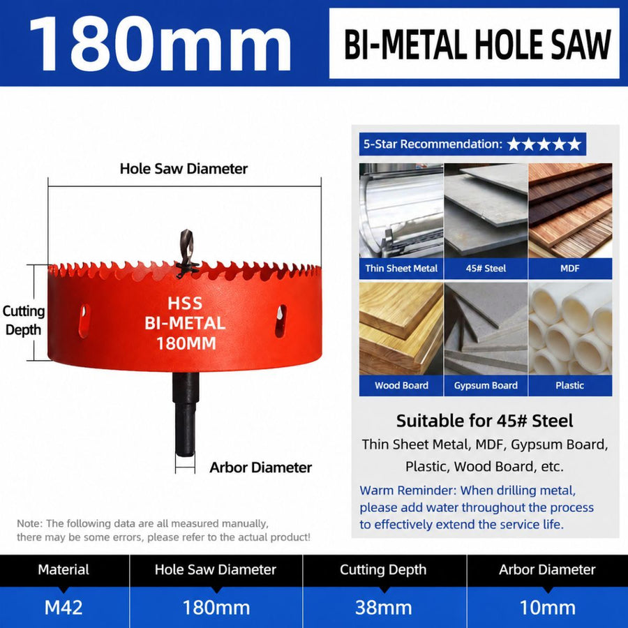 180mm Bi-Metal M42 High Speed Steel Hole Saw | with Pilot Drill Bit, Smooth Cutting Edge for PVC, Drywall, Wood, Plastic, Gypsum Board, Rubber, Thin Metal
