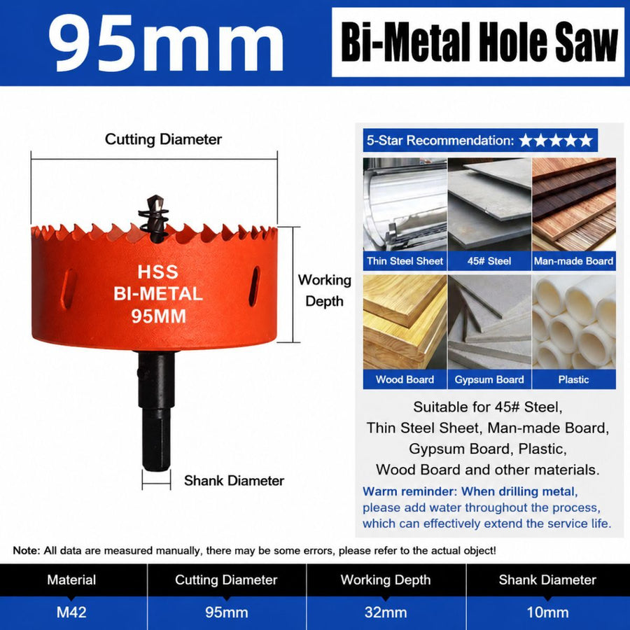95mm Bi-Metal M42 High Speed Steel Hole Saw | with Pilot Drill Bit, Smooth Cutting Edge for PVC, Drywall, Wood, Plastic, Gypsum Board, Rubber, Thin Metal