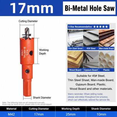 17mm Bi-Metal M42 High Speed Steel Hole Saw | with Pilot Drill Bit, Smooth Cutting Edge for PVC, Drywall, Wood, Plastic, Gypsum Board, Rubber, Thin Metal