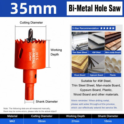 35mm Bi-Metal M42 High Speed Steel Hole Saw | with Pilot Drill Bit, Smooth Cutting Edge for PVC, Drywall, Wood, Plastic, Gypsum Board, Rubber, Thin Metal
