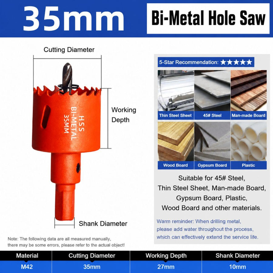 35mm Bi-Metal M42 High Speed Steel Hole Saw | with Pilot Drill Bit, Smooth Cutting Edge for PVC, Drywall, Wood, Plastic, Gypsum Board, Rubber, Thin Metal