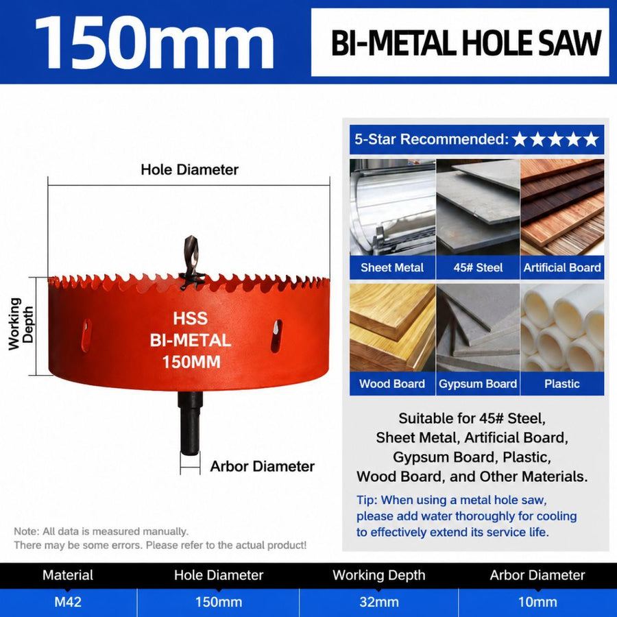 150mm Bi-Metal M42 High Speed Steel Hole Saw | with Pilot Drill Bit, Smooth Cutting Edge for PVC, Drywall, Wood, Plastic, Gypsum Board, Rubber, Thin Metal