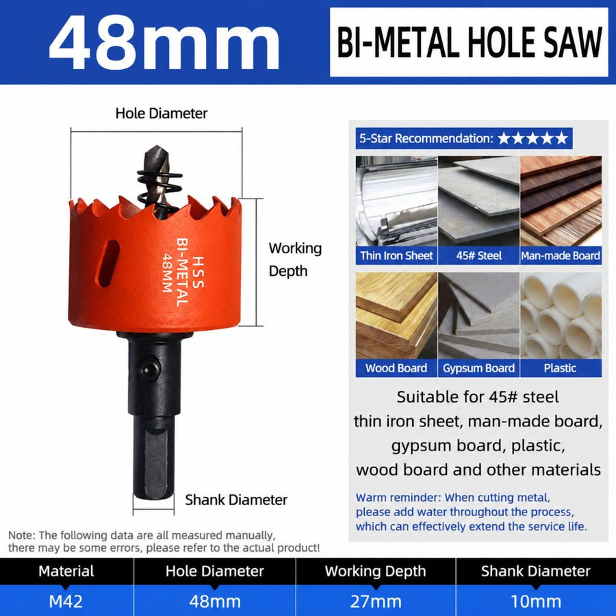 48mm Bi-Metal M42 High Speed Steel Hole Saw | with Pilot Drill Bit, Smooth Cutting Edge for PVC, Drywall, Wood, Plastic, Gypsum Board, Rubber, Thin Metal