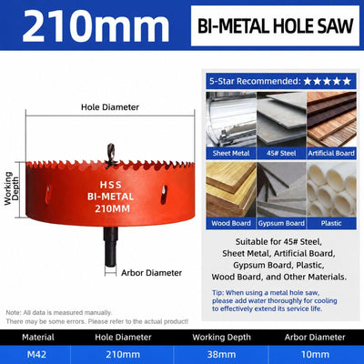 210mm Bi-Metal M42 High Speed Steel Hole Saw | with Pilot Drill Bit, Smooth Cutting Edge for PVC, Drywall, Wood, Plastic, Gypsum Board, Rubber, Thin Metal
