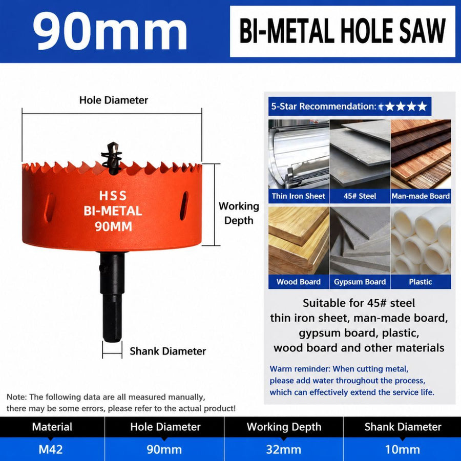 90mm Bi-Metal M42 High Speed Steel Hole Saw | with Pilot Drill Bit, Smooth Cutting Edge for PVC, Drywall, Wood, Plastic, Gypsum Board, Rubber, Thin Metal