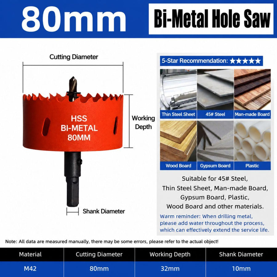 80mm Bi-Metal M42 High Speed Steel Hole Saw | with Pilot Drill Bit, Smooth Cutting Edge for PVC, Drywall, Wood, Plastic, Gypsum Board, Rubber, Thin Metal