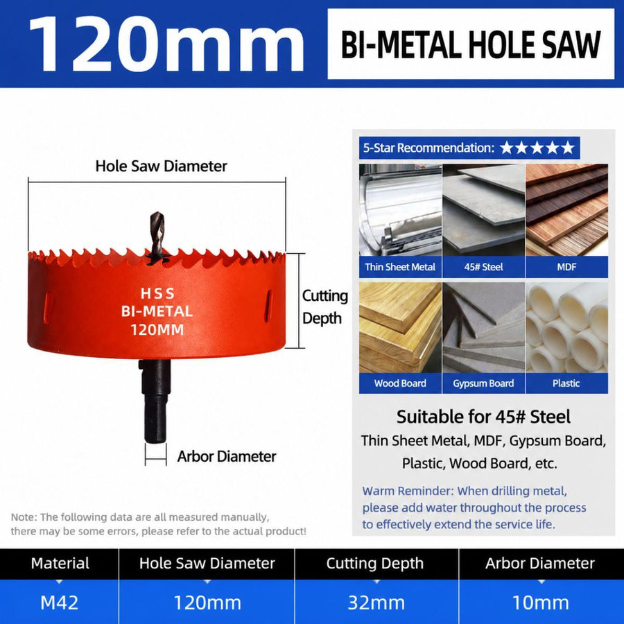 120mm Bi-Metal M42 High Speed Steel Hole Saw | with Pilot Drill Bit, Smooth Cutting Edge for PVC, Drywall, Wood, Plastic, Gypsum Board, Rubber, Thin Metal