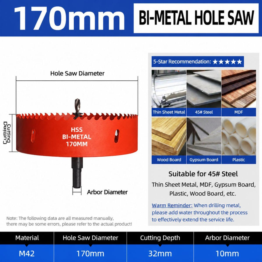 170mm Bi-Metal M42 High Speed Steel Hole Saw | with Pilot Drill Bit, Smooth Cutting Edge for PVC, Drywall, Wood, Plastic, Gypsum Board, Rubber, Thin Metal