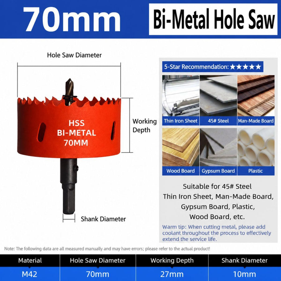 70mm Bi-Metal M42 High Speed Steel Hole Saw | with Pilot Drill Bit, Smooth Cutting Edge for PVC, Drywall, Wood, Plastic, Gypsum Board, Rubber, Thin Metal