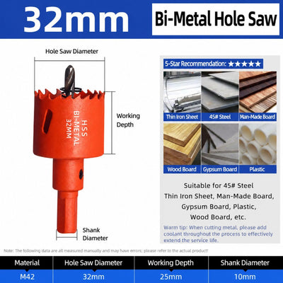 32mm Bi-Metal M42 High Speed Steel Hole Saw | with Pilot Drill Bit, Smooth Cutting Edge for PVC, Drywall, Wood, Plastic, Gypsum Board, Rubber, Thin Metal
