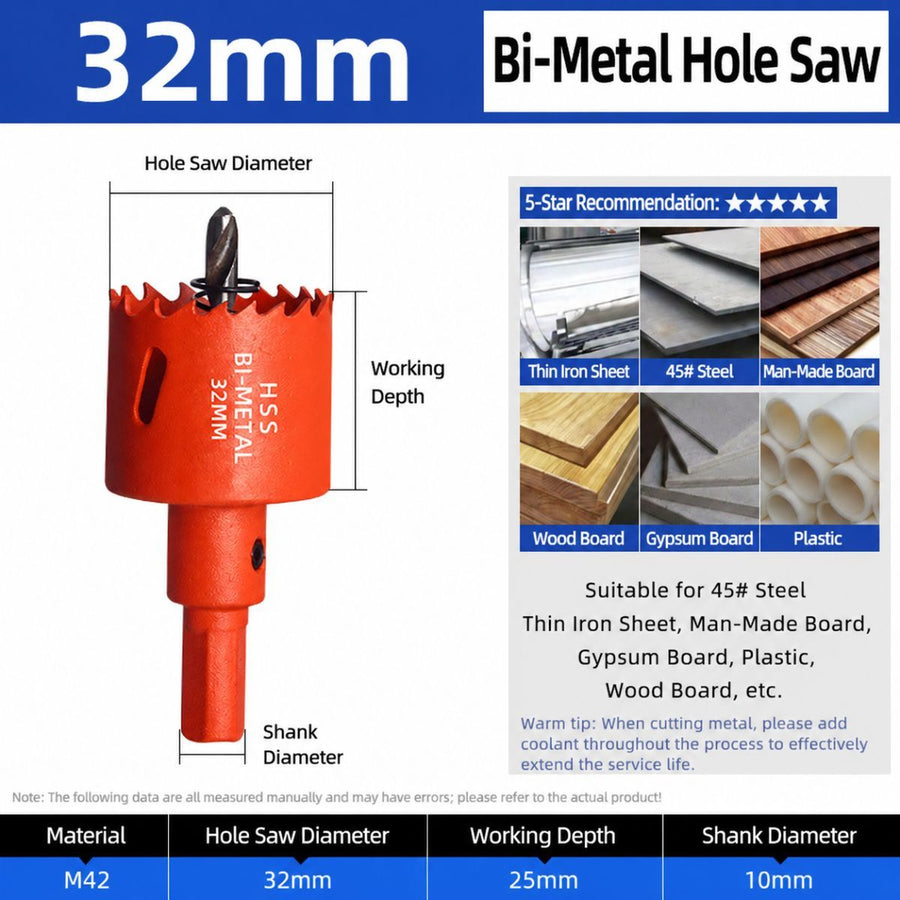 32mm Bi-Metal M42 High Speed Steel Hole Saw | with Pilot Drill Bit, Smooth Cutting Edge for PVC, Drywall, Wood, Plastic, Gypsum Board, Rubber, Thin Metal