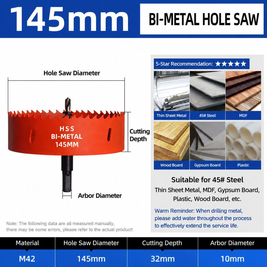 145mm Bi-Metal M42 High Speed Steel Hole Saw | with Pilot Drill Bit, Smooth Cutting Edge for PVC, Drywall, Wood, Plastic, Gypsum Board, Rubber, Thin Metal