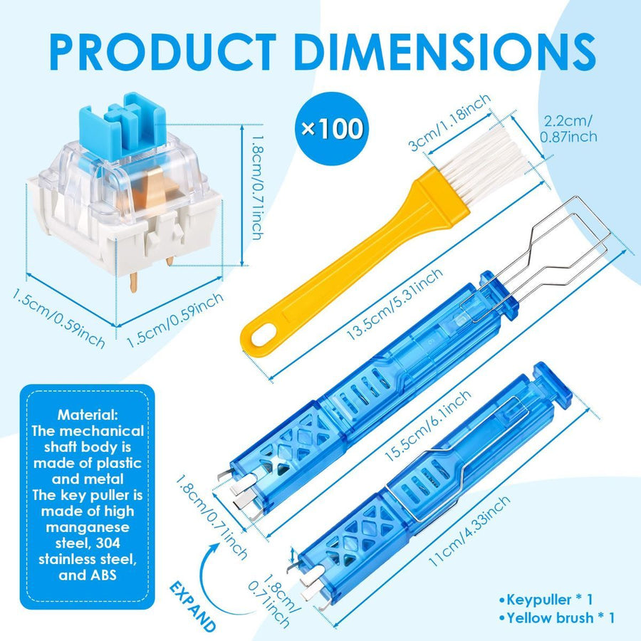 100 PCS Blue Mechanical Keyboard Switches Clickers with Upgraded 4-Claw Switch Puller & Brush, Dustproof Clicky Tactile Switches for Gaming Keyboards, 3D Prints