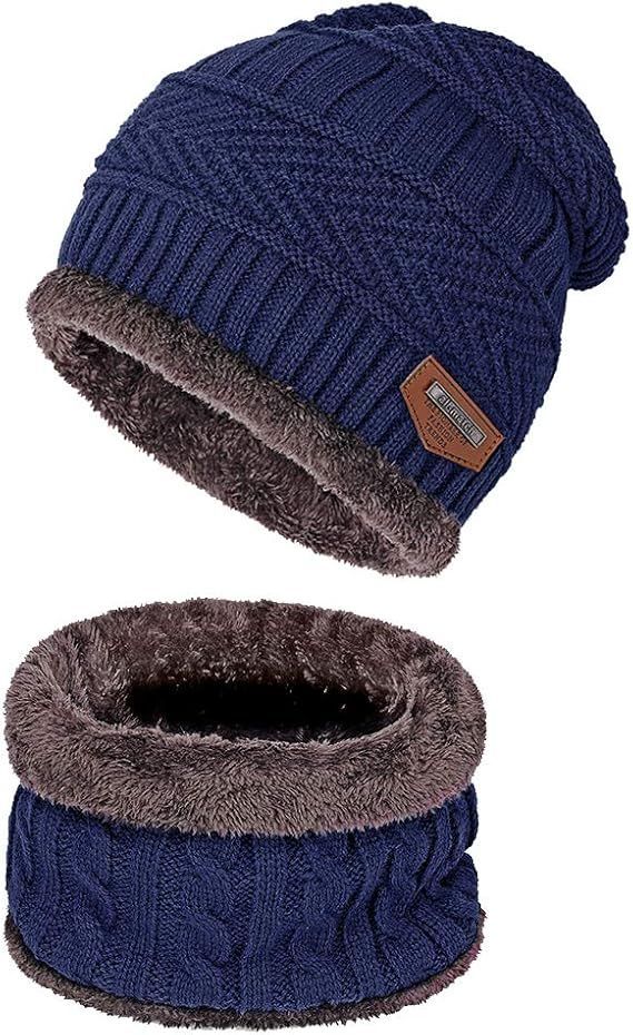 Warm Winter Beanie Hat & Scarf Set Stylish Knit Skull Cap for Men Women - Blue - Size M