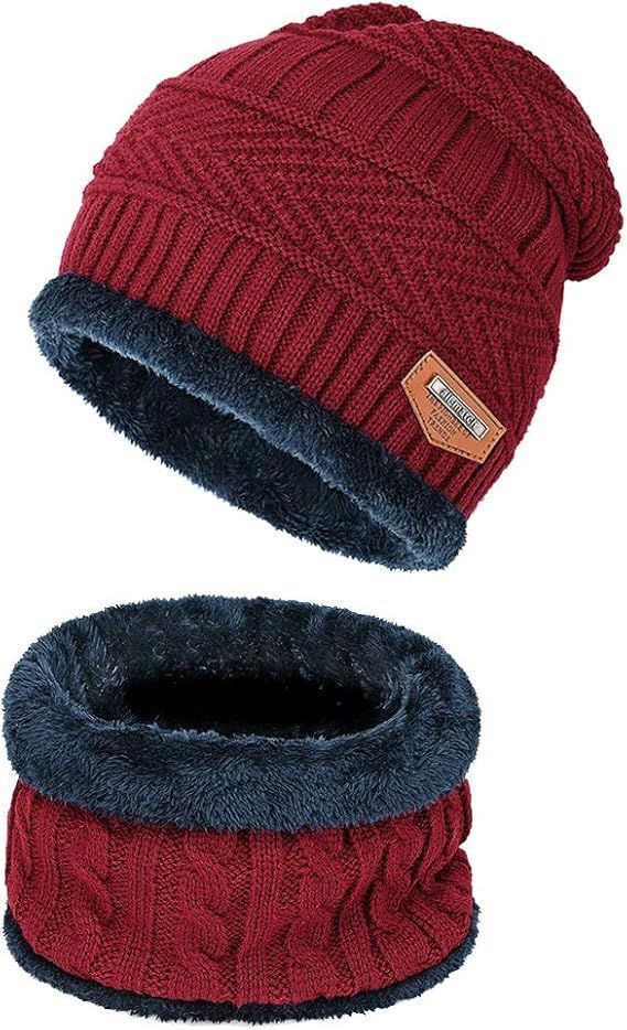 Warm Winter Beanie Hat & Scarf Set Stylish Knit Skull Cap for Men Women - Red - Size M