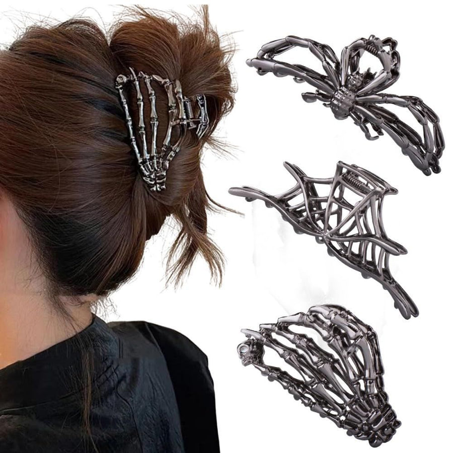 3PCS Black Spider Web Skeleton Hand Skull Hair Claw Clips for Women And Girls, Hiphop Metal Large Medium Size for Thick Thin Hair, Headband Barrette for styling Hair Accessories Party Gift (Black)