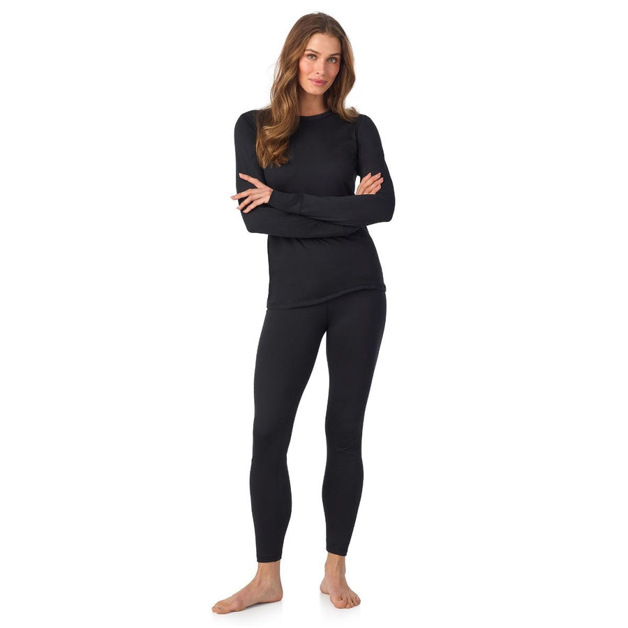 Cuddl Duds Womens Heavyweight Cold Weather Fleece Lined Thermal Set – Long Sleeve Top & Leggings - Winter Lounge Sets - Black - Size XXL