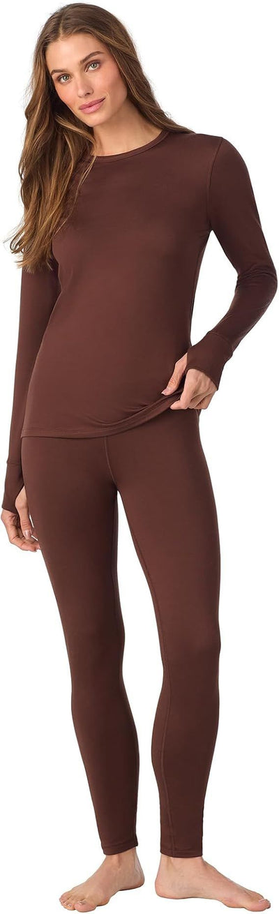 Cuddl Duds Womens Heavyweight Cold Weather Fleece Lined Thermal Set – Long Sleeve Top & Leggings - Winter Lounge Sets - Brown - Size S