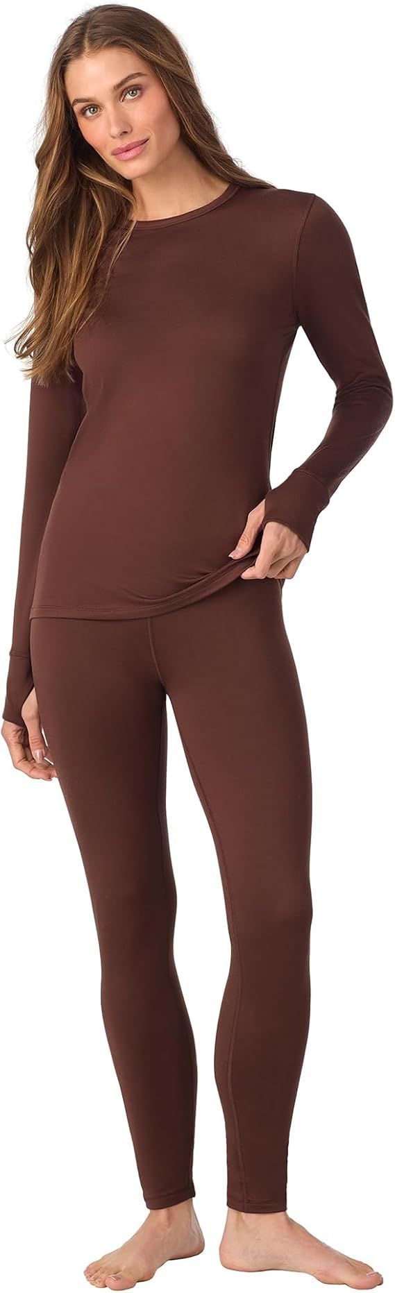 Cuddl Duds Womens Heavyweight Cold Weather Fleece Lined Thermal Set – Long Sleeve Top & Leggings - Winter Lounge Sets - Brown - Size S