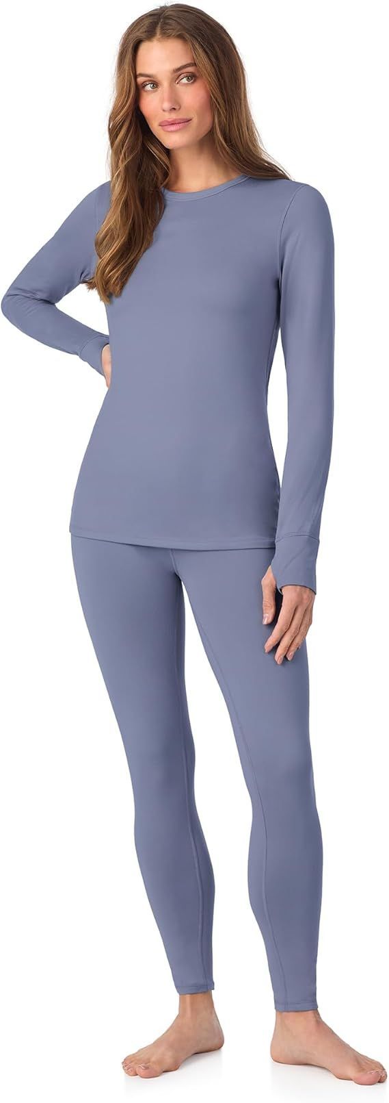 Cuddl Duds Womens Heavyweight Cold Weather Fleece Lined Thermal Set – Long Sleeve Top & Leggings - Winter Lounge Sets - Sky Blue - Size S