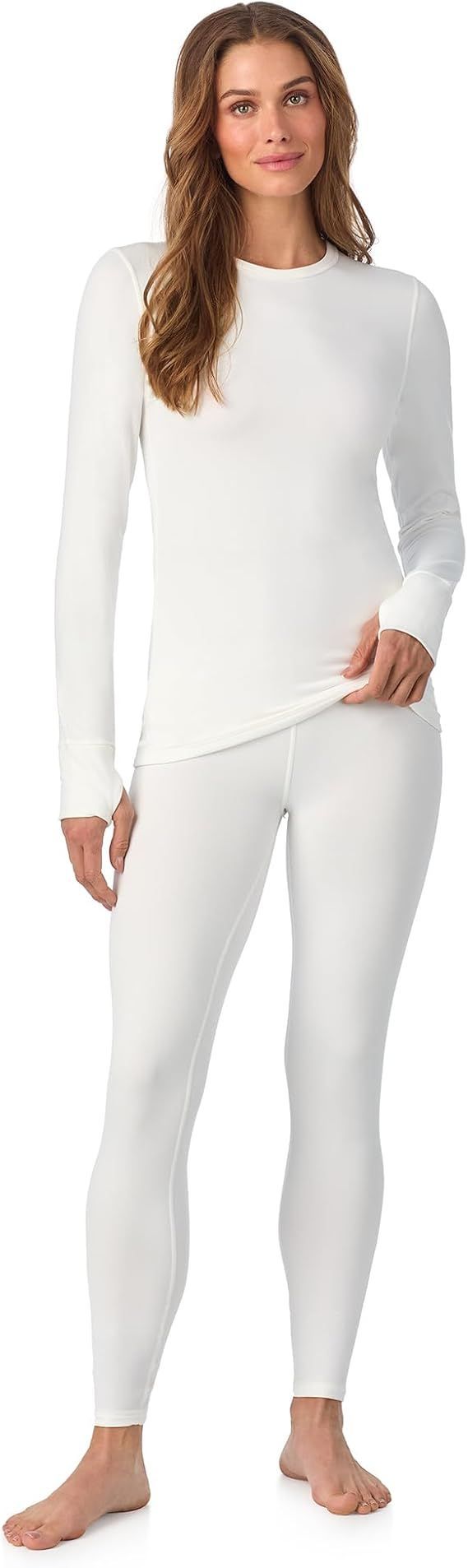 Cuddl Duds Womens Heavyweight Cold Weather Fleece Lined Thermal Set – Long Sleeve Top & Leggings - Winter Lounge Sets - White - Size L