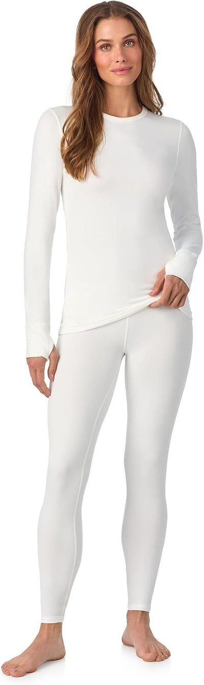 Cuddl Duds Womens Heavyweight Cold Weather Fleece Lined Thermal Set – Long Sleeve Top & Leggings - Winter Lounge Sets - White - Size S