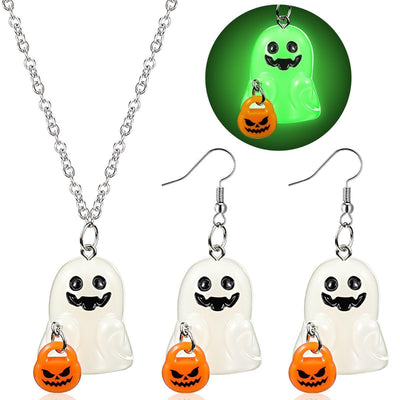 Halloween Ghosts Earrings and Necklace Set Glow in the Dark Adopt a Ghost Earrings Necklace Spooky Light up Halloween Jewelry Set for Women and Men - White - Size A