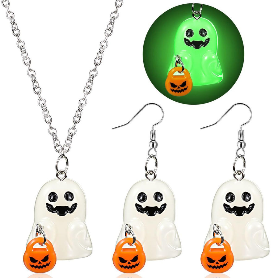 Halloween Ghosts Earrings and Necklace Set Glow in the Dark Adopt a Ghost Earrings Necklace Spooky Light up Halloween Jewelry Set for Women and Men - White - Size A