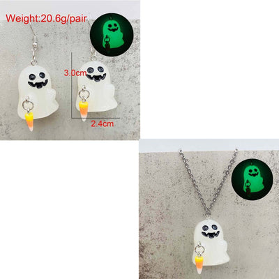 Halloween Ghosts Earrings and Necklace Set Glow in the Dark Adopt a Ghost Earrings Necklace Spooky Light up Halloween Jewelry Set for Women and Men - White - Size B