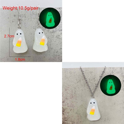 Halloween Ghosts Earrings and Necklace Set Glow in the Dark Adopt a Ghost Earrings Necklace Spooky Light up Halloween Jewelry Set for Women and Men - White - Size C