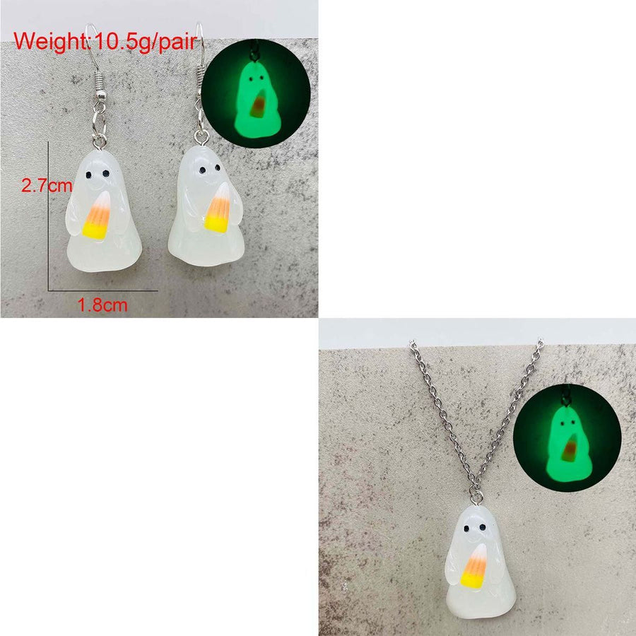 Halloween Ghosts Earrings and Necklace Set Glow in the Dark Adopt a Ghost Earrings Necklace Spooky Light up Halloween Jewelry Set for Women and Men - White - Size C
