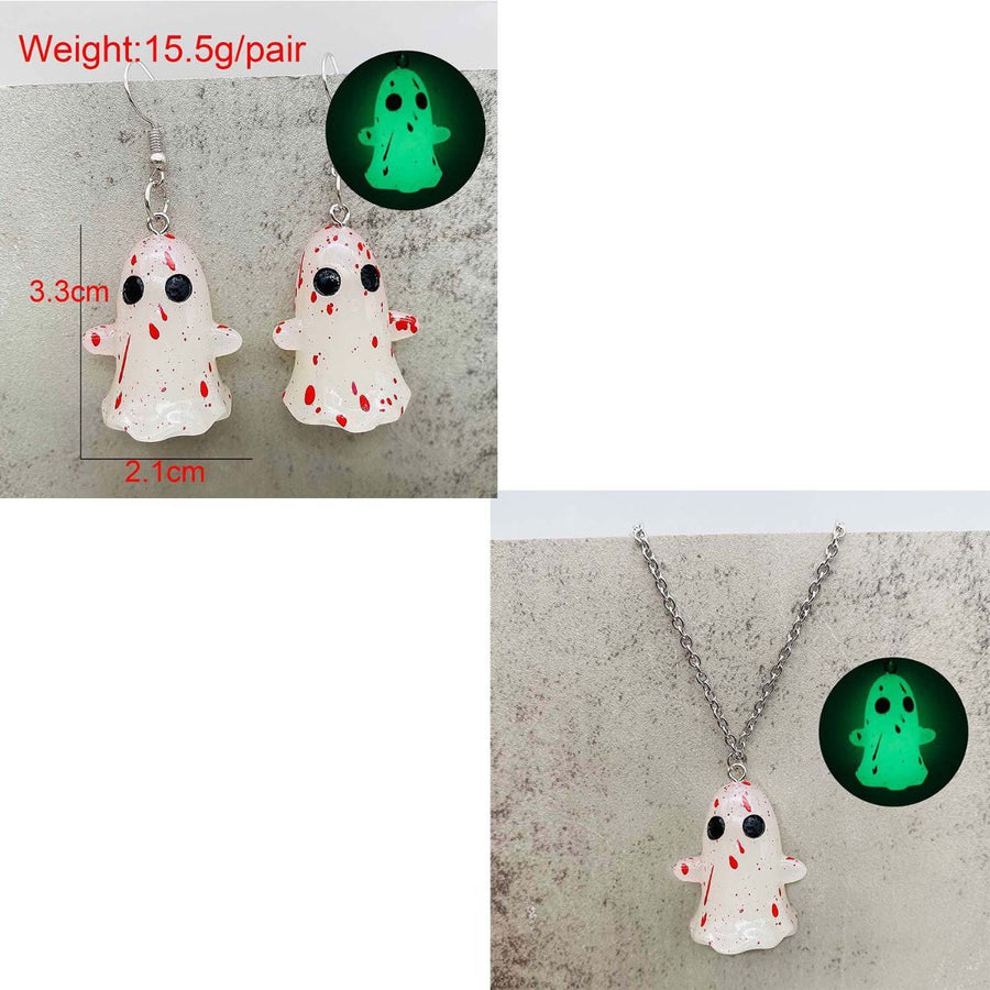 Halloween Ghosts Earrings and Necklace Set Glow in the Dark Adopt a Ghost Earrings Necklace Spooky Light up Halloween Jewelry Set for Women and Men - White - Size D