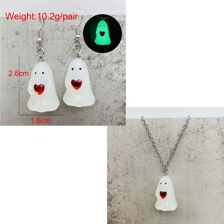 Halloween Ghosts Earrings and Necklace Set Glow in the Dark Adopt a Ghost Earrings Necklace Spooky Light up Halloween Jewelry Set for Women and Men - White - Size E