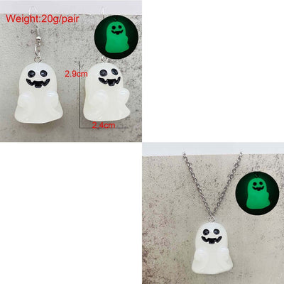 Halloween Ghosts Earrings and Necklace Set Glow in the Dark Adopt a Ghost Earrings Necklace Spooky Light up Halloween Jewelry Set for Women and Men - White - Size F