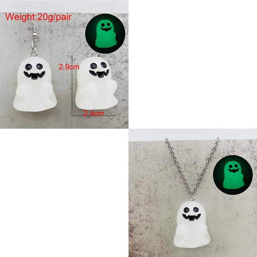 Halloween Ghosts Earrings and Necklace Set Glow in the Dark Adopt a Ghost Earrings Necklace Spooky Light up Halloween Jewelry Set for Women and Men - White - Size F