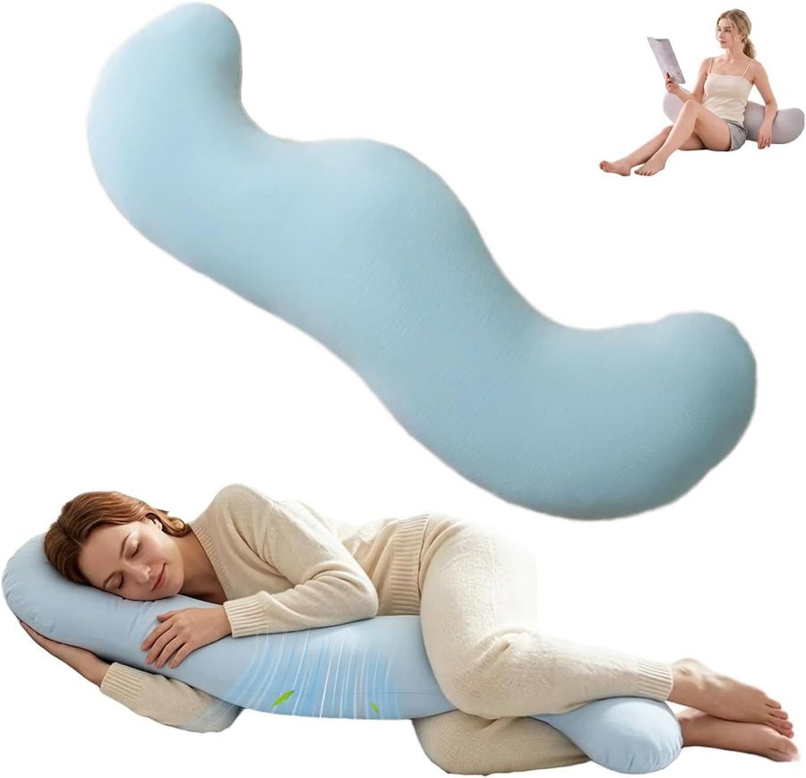 Pea Pod Shape Body Pillow for Adults Full-Body Support Side Sleeper Pillow, Pregnancy Back Pain Relief, Soft Hug Pillow with Memory Fiber Filling(Light Blue,43.3in)