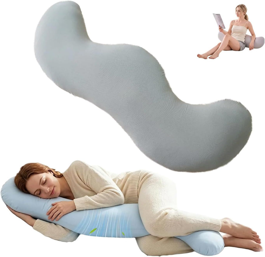 Pea Pod Shape Body Pillow for Adults Full-Body Support Side Sleeper Pillow, Pregnancy Back Pain Relief, Soft Hug Pillow with Memory Fiber Filling(Gray,43.3in)
