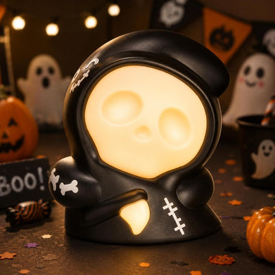 Halloween Grim Reaper Night Light with Pull-Back Action & RGB Colors, DIY Sticker Decor, USB-C Rechargeable Bedside Lamp for Kids Room Party (Black)