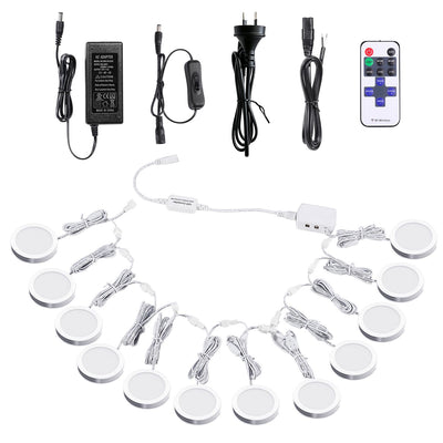 Linkable Under Cabinet LED Lighting 12V Dimmable Puck Lights with Wireless RF Remote Control, Hardwired & AU Wall Plug in for Kitchen Mood Lighting (4000K Natural White, 12 Lights Kit)
