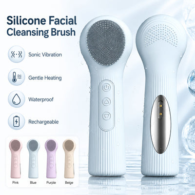 Silicone Facial Cleansing Brush Sonic Vibration Heating Waterproof Rechargeable-PURPLE