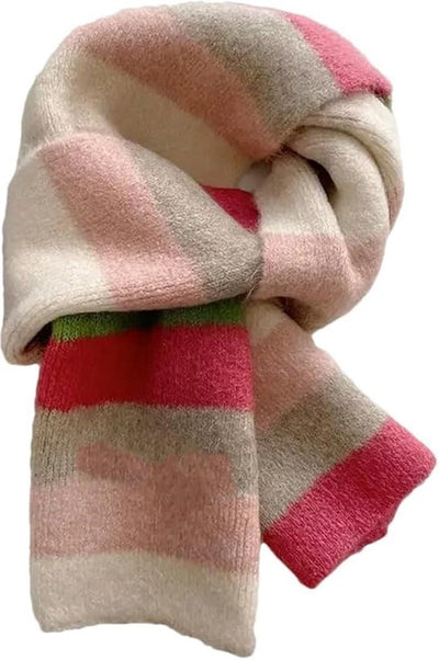 Womens Knitted Color Block Winter Scarf Off White Pink Green