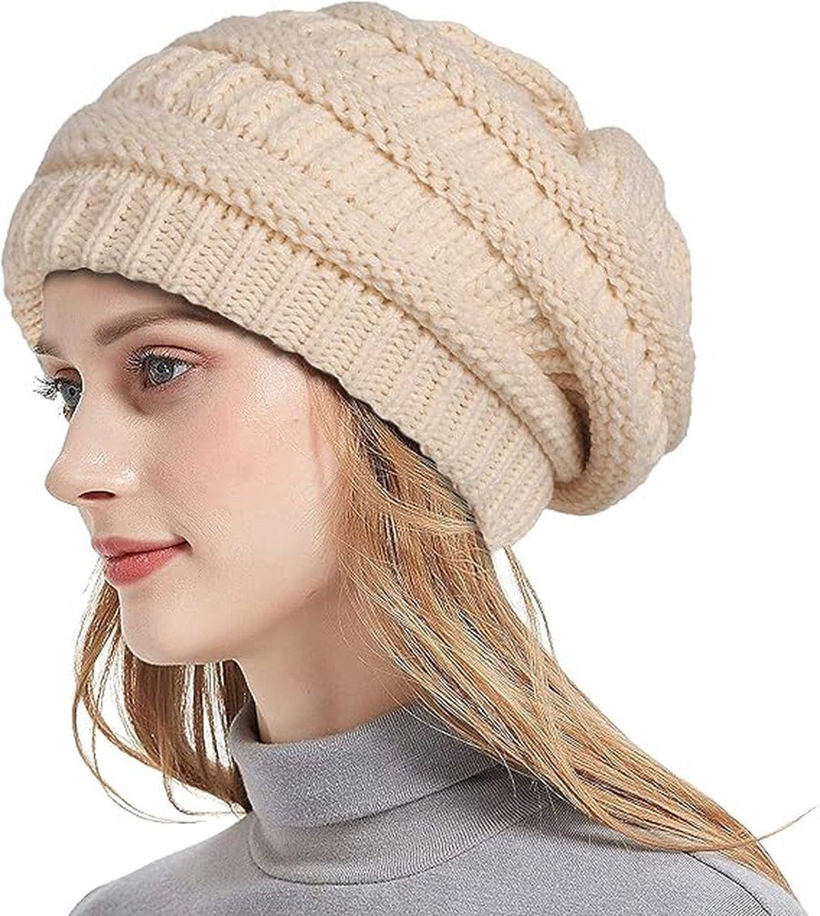 Womens Slouchy Ski Hat Warm with Satin Lining Beige, 52-60 cm
