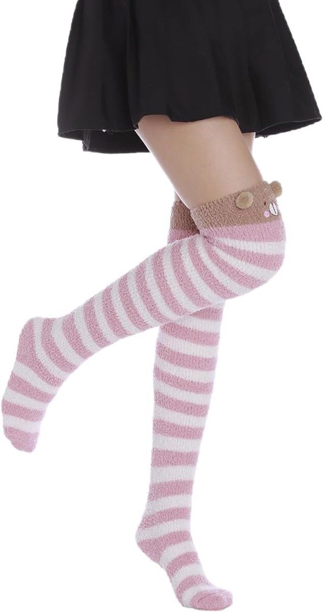1 Pair Womens Fuzzy Fleece Knee Socks Plush House Socks Pink