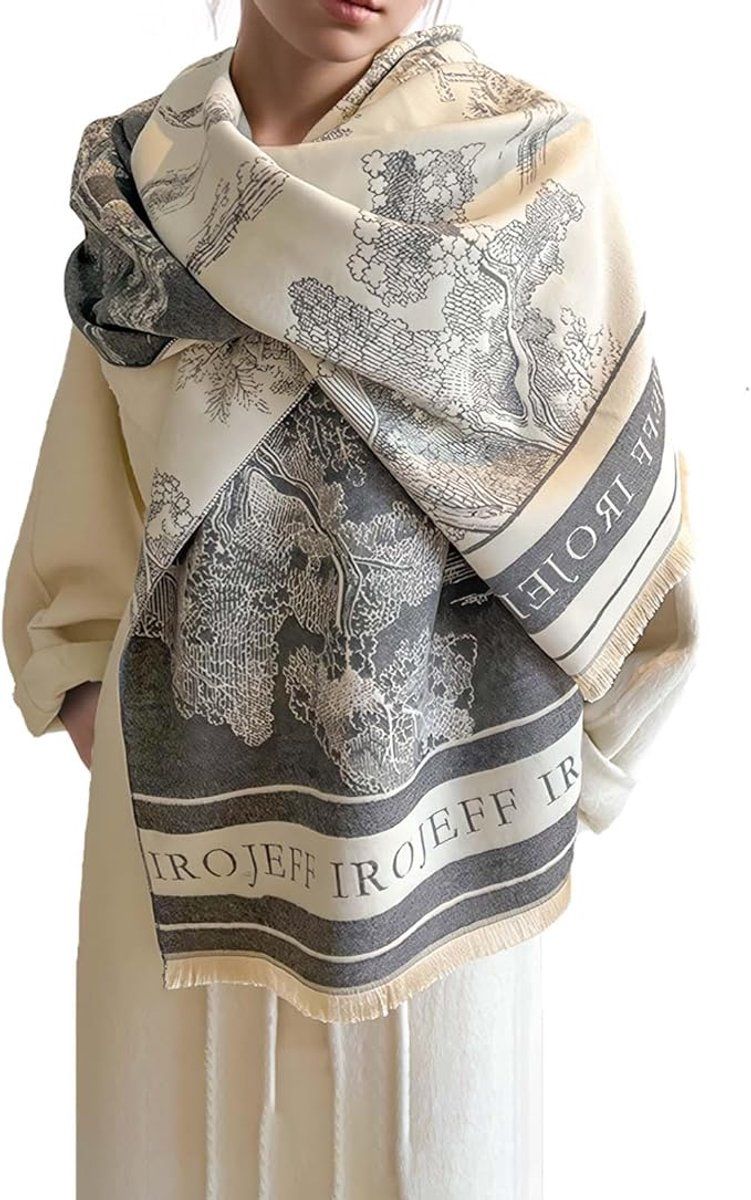 Womens Reversible Winter Scarf with Tassels Landscape Print, 180 x 65 cm
