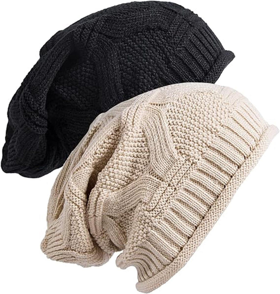 2 Piece Knitted Beanie Hat Set Ultra Warm Unisex Black White