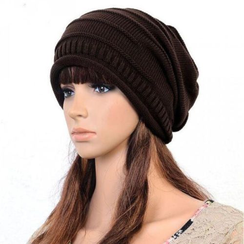 Womens Knitted Slouchy Beanie Winter Ski Hat Brown