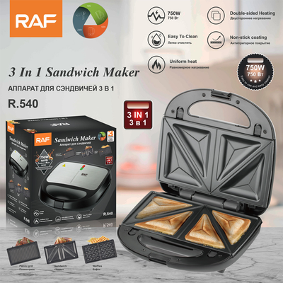 RAF R.214 Multi-functional Breakfast Maker 750W Double Sided Grill, 3 Interchangeable Plates for Sandwich/Waffle/Steak, Non-Stick Coating Wide Voltage 110-220V Household Electric Press Grill