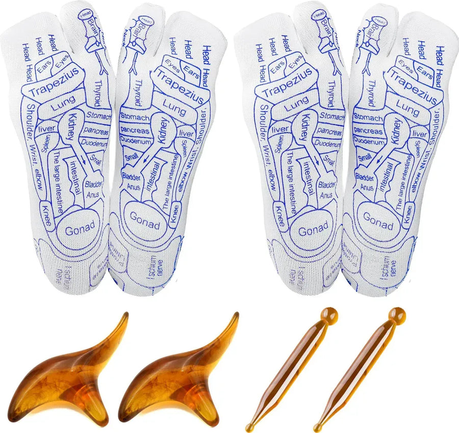 2-Pack Reflexology Massage Socks with Cotton Pressure Point Design and Massage Stick